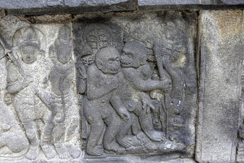 Indonesia. Yogyarkarta Pramantan Temple. Stone carving Monkeys