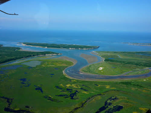 Flying over the shore of the Katmai peninsula