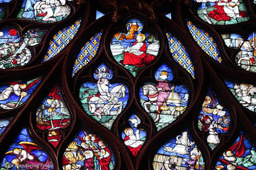 France Sainte Chapelle Paris Royal Church // Biblical Scenes of Corner Stained Glass Rose Window