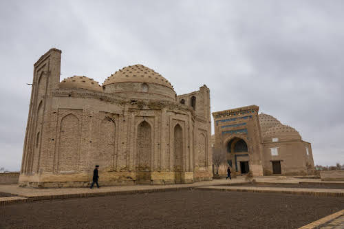 How to Travel Turkmenistan: Transit Visa 5-Days Itinerary // Kunya Urgench Najmuddin Kubra Mausoleum (left) and Sultan Ali Mausoleum (right