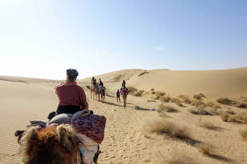 India. Rajasthan Thar Desert Camel Trek. Arriving at the Pukhar Dunes