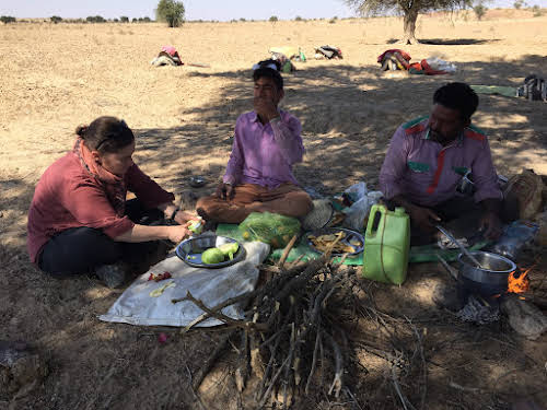 India. Rajasthan Thar Desert Camel Trek. Team work preparing lunch
