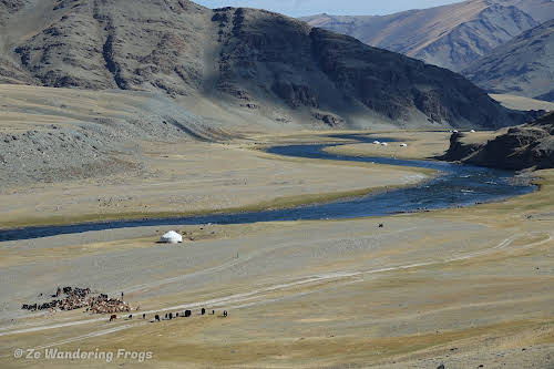 Mongolia. Altai Tavan Bodg Trekking. River, Ger and Livestock.