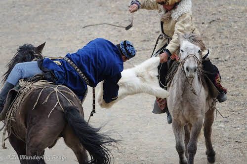 Mongolia. Golden Eagle Festival Olgii. Kukhbar - Goat Skin Competition