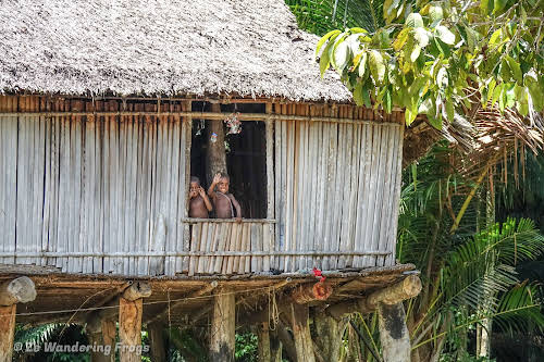 Papua. New Guinea East Sepik River Clans Crocodile Traditions. Kids in a pilotis house.