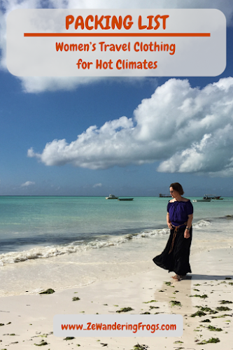 Packing List: Women’s Travel Clothing for Hot Climates // Kate Kasin Long Skirt and Shoulder Top walking on Paje beach in Zanzibar